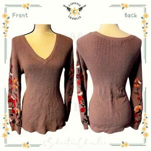 American Eagle Women's Purple Sweater With Floral Embroidered Sleeves Size XS